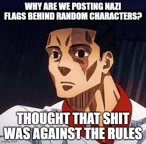 Why are we doing this? | WHY ARE WE POSTING NAZI FLAGS BEHIND RANDOM CHARACTERS? THOUGHT THAT SHIT WAS AGAINST THE RULES | made w/ Imgflip meme maker
