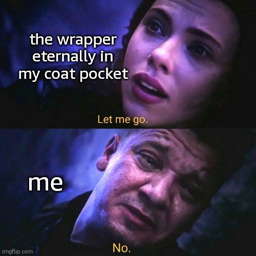 let me OOUUUUTTTTT | the wrapper eternally in my coat pocket; me | image tagged in let me go no,relatable,relatable memes,funny,funny memes | made w/ Imgflip meme maker