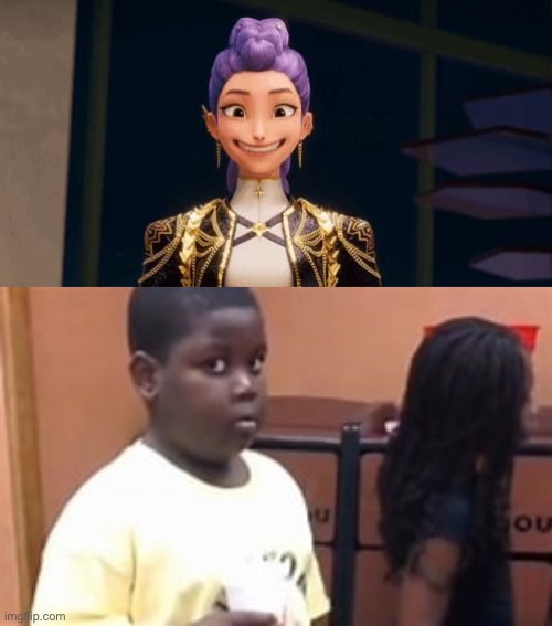 the ultimate staredown. | image tagged in smiling rumi golden,popeyes kid,death stare,i hate knitters | made w/ Imgflip meme maker