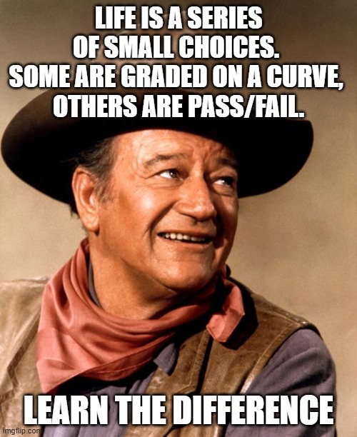 Life is a series of small choices. Some are graded on a curve, others are pass/fail.  Learn the difference. | LIFE IS A SERIES OF SMALL CHOICES. 
SOME ARE GRADED ON A CURVE, 
OTHERS ARE PASS/FAIL. LEARN THE DIFFERENCE | image tagged in john wayne,life,standards,values,principles,conviction | made w/ Imgflip meme maker