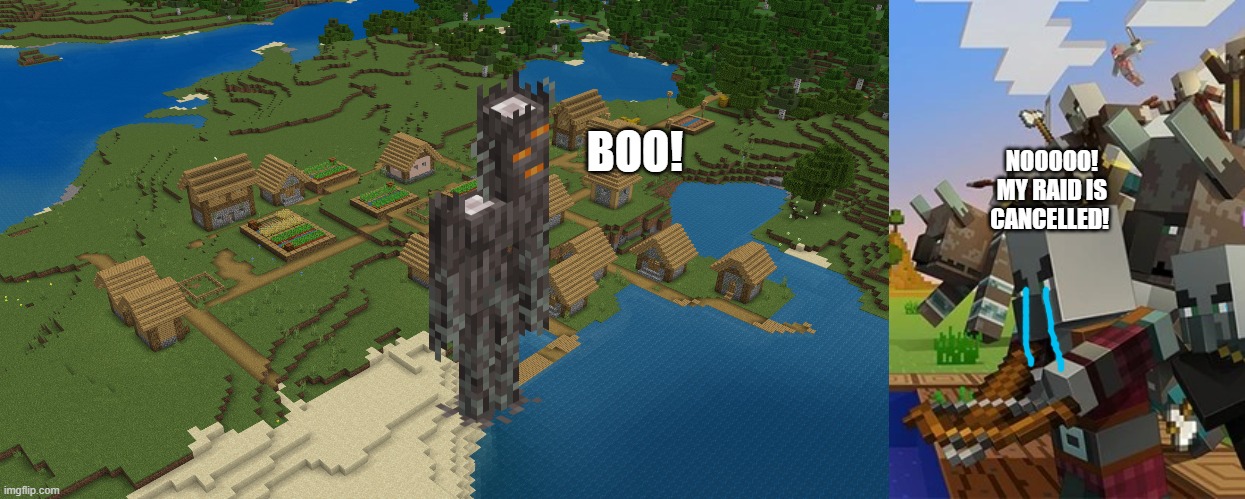 NOOOOO! MY RAID IS CANCELLED! BOO! | image tagged in minecraft village,illagers | made w/ Imgflip meme maker