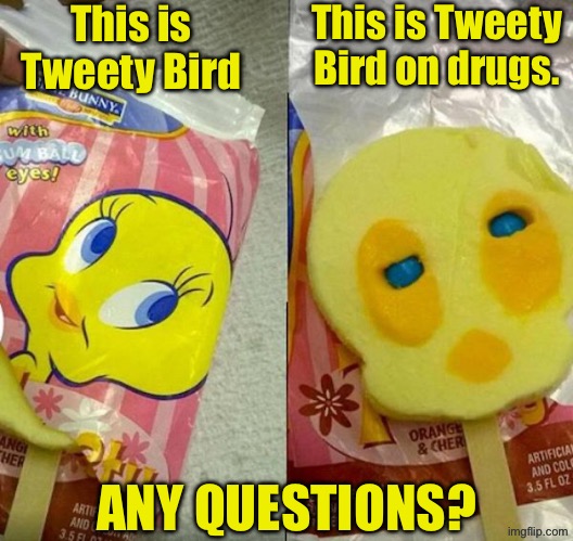 Tweety Bird Stoner Edition | This is Tweety Bird; This is Tweety Bird on drugs. ANY QUESTIONS? | image tagged in tweety bird,stoner,questions,don't do drugs,funny memes,task failed successfully | made w/ Imgflip meme maker