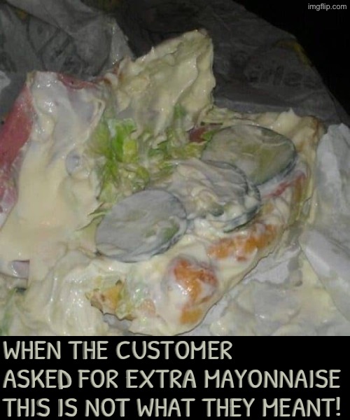 Extra Mayonnaise | WHEN THE CUSTOMER ASKED FOR EXTRA MAYONNAISE THIS IS NOT WHAT THEY MEANT! | image tagged in subway,task failed successfully,you had one job,mayonnaise,duhhh dumbass,do you are have stupid | made w/ Imgflip meme maker