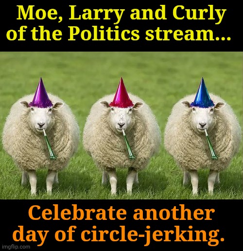 They go through more lube than an Oil Xpress. | Moe, Larry and Curly of the Politics stream... Celebrate another day of circle-jerking. | made w/ Imgflip meme maker