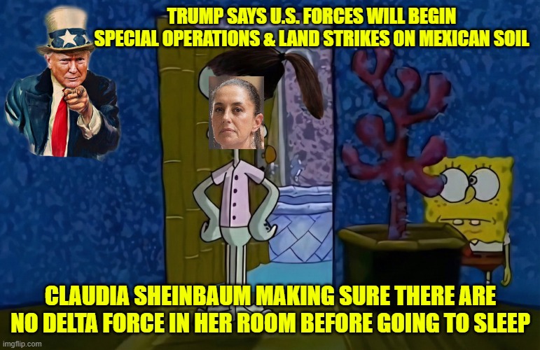 Claudia Sheinbaum making sure there are no Delta Force in her room before going to sleep | TRUMP SAYS U.S. FORCES WILL BEGIN SPECIAL OPERATIONS & LAND STRIKES ON MEXICAN SOIL; CLAUDIA SHEINBAUM MAKING SURE THERE ARE NO DELTA FORCE IN HER ROOM BEFORE GOING TO SLEEP | image tagged in claudia sheinbaum,mexico,trump,delta force,fafo,national security | made w/ Imgflip meme maker