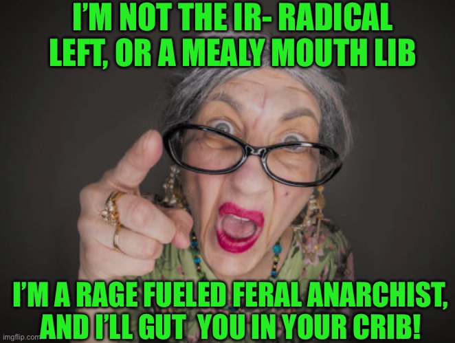 I’M NOT THE IR- RADICAL LEFT, OR A MEALY MOUTH LIB; I’M A RAGE FUELED FERAL ANARCHIST, AND I’LL GUT  YOU IN YOUR CRIB! | made w/ Imgflip meme maker