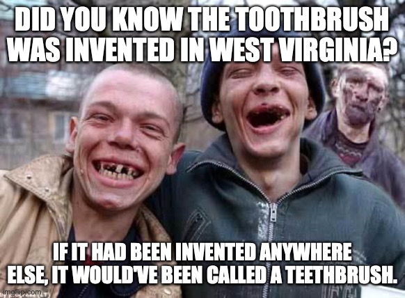Tooth Brush | DID YOU KNOW THE TOOTHBRUSH WAS INVENTED IN WEST VIRGINIA? IF IT HAD BEEN INVENTED ANYWHERE ELSE, IT WOULD'VE BEEN CALLED A TEETHBRUSH. | image tagged in red neck | made w/ Imgflip meme maker
