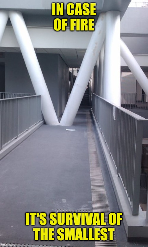 Dangerous design | IN CASE OF FIRE; IT'S SURVIVAL OF
THE SMALLEST | image tagged in walkway,blocked,design,fail,you had one job | made w/ Imgflip meme maker