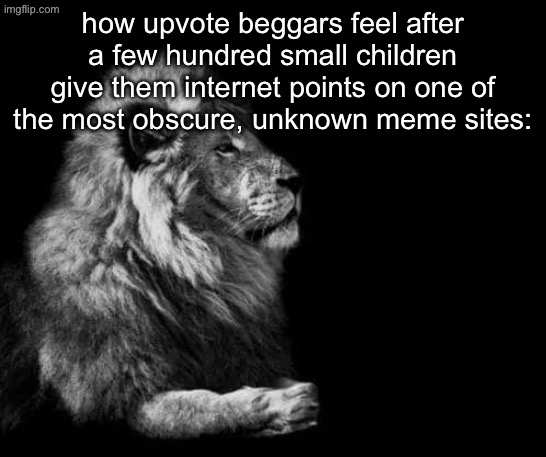 how do you even get enjoyment from that, plus it ruins the front page | how upvote beggars feel after a few hundred small children give them internet points on one of the most obscure, unknown meme sites: | image tagged in the lion | made w/ Imgflip meme maker