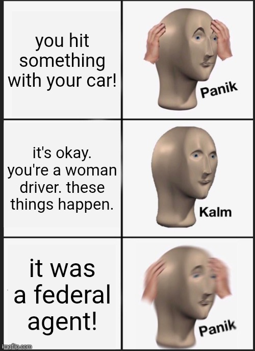 ICE agents aren't curbs; you don't get to run them over just because you're a woman. | you hit something with your car! it's okay. you're a woman driver. these things happen. it was a federal agent! | image tagged in memes,panik kalm panik,political meme | made w/ Imgflip meme maker