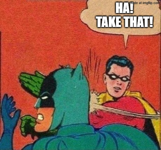 Robin Slaps Batman | HA!
TAKE THAT! | image tagged in robin slaps batman | made w/ Imgflip meme maker