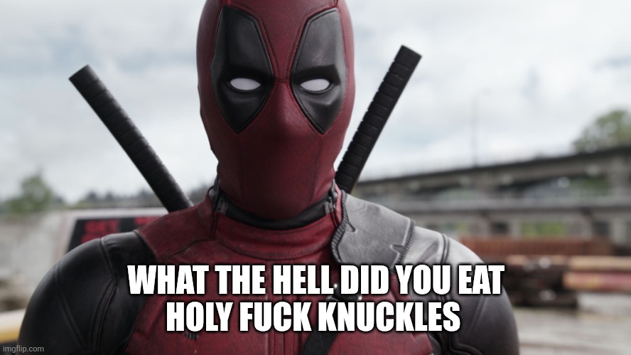 Wise Deadpool | WHAT THE HELL DID YOU EAT
HOLY FUCK KNUCKLES | image tagged in wise deadpool | made w/ Imgflip meme maker
