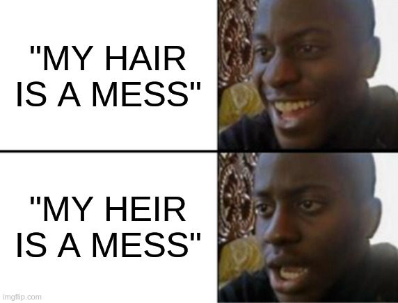 english is confusing | "MY HAIR IS A MESS"; "MY HEIR IS A MESS" | image tagged in oh yeah oh no | made w/ Imgflip meme maker