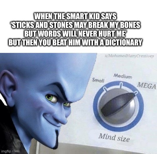 WHEN THE SMART KID SAYS ‘STICKS AND STONES MAY BREAK MY BONES BUT WORDS WILL NEVER HURT ME’ BUT THEN YOU BEAT HIM WITH A DICTIONARY | image tagged in blank white template,mind size mega | made w/ Imgflip meme maker