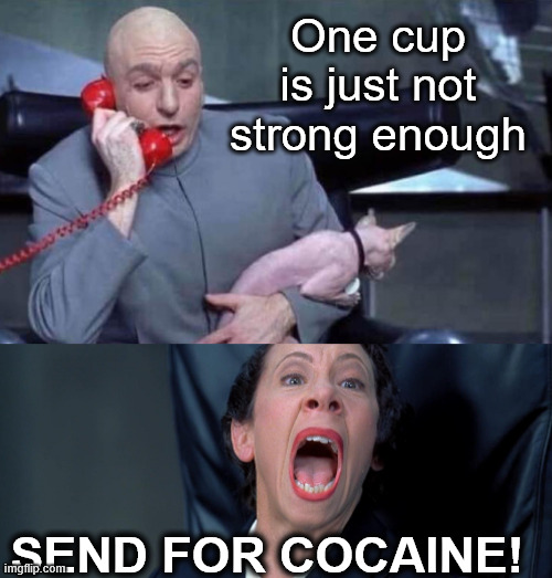 Dr Evil and Frau | One cup is just not strong enough SEND FOR COCAINE! | image tagged in dr evil and frau | made w/ Imgflip meme maker