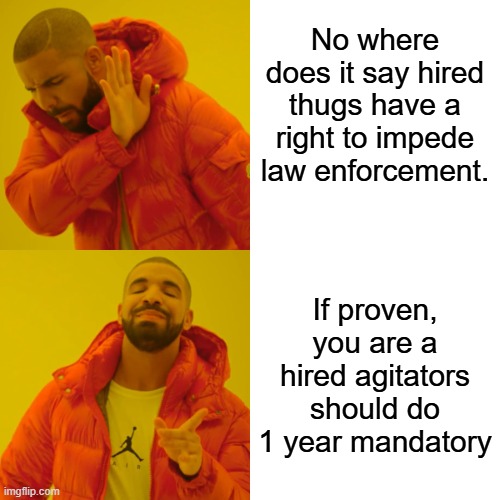 1 flat time for hired socialism lobbyist | No where does it say hired thugs have a right to impede law enforcement. If proven, you are a hired agitators should do 1 year mandatory | image tagged in memes,drake hotline bling | made w/ Imgflip meme maker