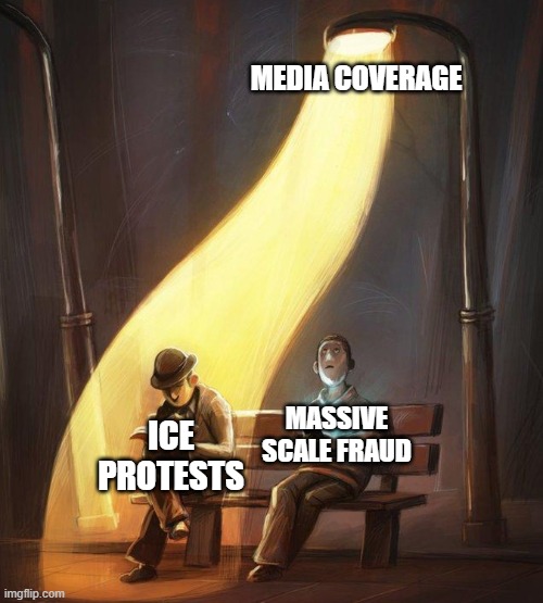 light shining on guy reading book meme template | MEDIA COVERAGE; ICE PROTESTS; MASSIVE SCALE FRAUD | image tagged in light shining on guy reading book meme template,fraud,protests,mainstream media | made w/ Imgflip meme maker
