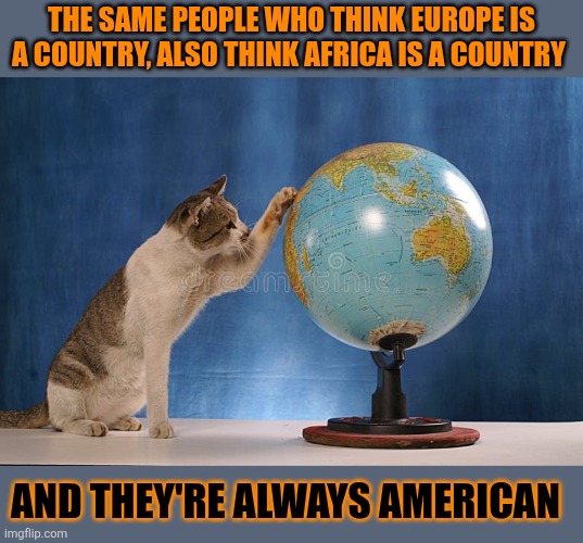 This #lolcat wonders who told Americans Europe is a country | THE SAME PEOPLE WHO THINK EUROPE IS A COUNTRY, ALSO THINK AFRICA IS A COUNTRY; AND THEY'RE ALWAYS AMERICAN | image tagged in america,europe,geography,lolcat | made w/ Imgflip meme maker