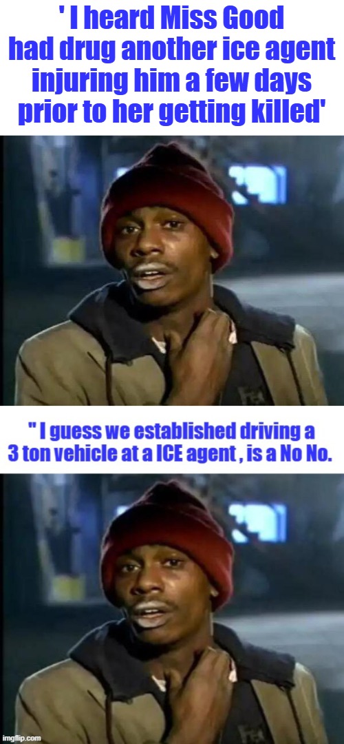 If you can't do the time, don't do the crime. Bad behavior have penalties. | ' I heard Miss Good had drug another ice agent injuring him a few days prior to her getting killed' | image tagged in memes,y'all got any more of that | made w/ Imgflip meme maker