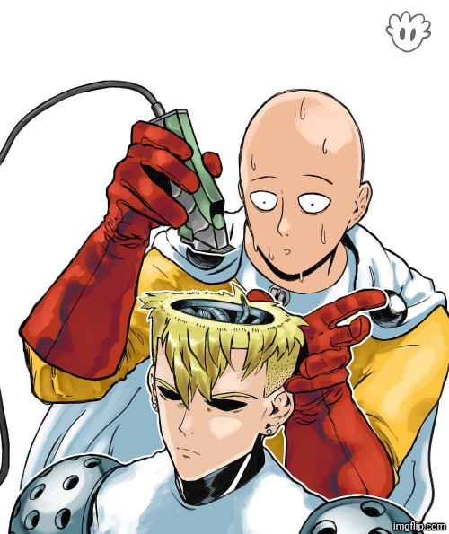 Saitama cutting Genos's "hair" | image tagged in opm | made w/ Imgflip meme maker