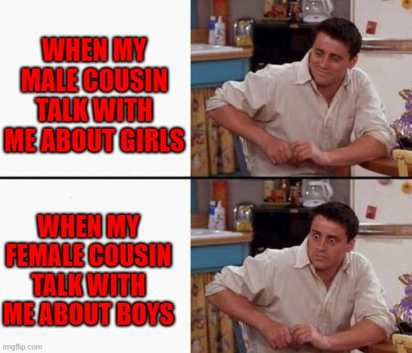 Joe happy then horrified | WHEN MY MALE COUSIN TALK WITH ME ABOUT GIRLS; WHEN MY FEMALE COUSIN TALK WITH ME ABOUT BOYS | image tagged in joe happy then horrified | made w/ Imgflip meme maker