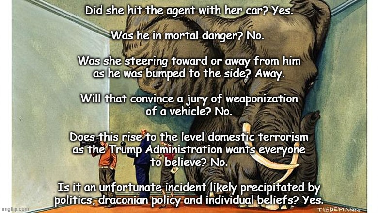 "Minneapolis shooting" *OR* "Conficting coverage" *OR* "Let's not pretend the elephant isn't sitting right there." | Did she hit the agent with her car? Yes.
 
Was he in mortal danger? No. 
 
Was she steering toward or away from him
as he was bumped to the side? Away.
 
Will that convince a jury of weaponization
of a vehicle? No.
 
Does this rise to the level domestic terrorism
as the Trump Administration wants everyone
to believe? No.
 
Is it an unfortunate incident likely precipitated by
politics, draconian policy and individual beliefs? Yes. | image tagged in elephant in the room,sad inevitability,unpopular opinion,that is messed up | made w/ Imgflip meme maker