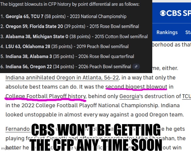 College football playoff meme | CBS WON'T BE GETTING THE CFP ANY TIME SOON | image tagged in memes,college football,playoffs,nfl memes,cbs,football | made w/ Imgflip meme maker