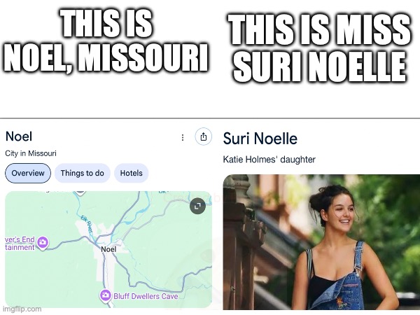 Suri Noelle | THIS IS MISS SURI NOELLE; THIS IS NOEL, MISSOURI | image tagged in bad pun | made w/ Imgflip meme maker