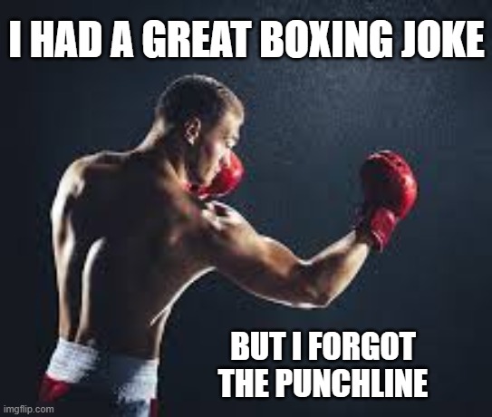 I had a great boxing joke but I forgot the punchline. | I HAD A GREAT BOXING JOKE; BUT I FORGOT THE PUNCHLINE | image tagged in funny,humor,joke,boxing,play on words,funny meme | made w/ Imgflip meme maker
