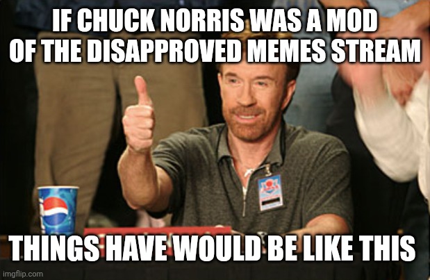 Chuck Norris Approves | IF CHUCK NORRIS WAS A MOD OF THE DISAPPROVED MEMES STREAM; THINGS HAVE WOULD BE LIKE THIS | image tagged in memes,chuck norris approves,chuck norris | made w/ Imgflip meme maker