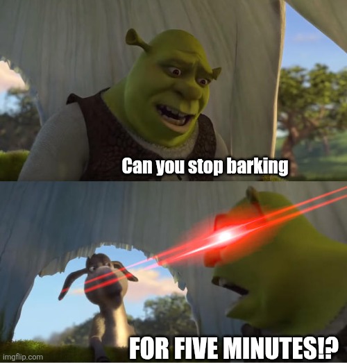 Me to my dog when I'm trying to sleep. | Can you stop barking; FOR FIVE MINUTES!? | image tagged in shrek for five minutes,dog | made w/ Imgflip meme maker