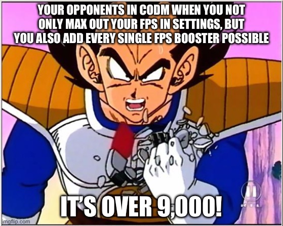 Only the real gamers will find this funny | YOUR OPPONENTS IN CODM WHEN YOU NOT ONLY MAX OUT YOUR FPS IN SETTINGS, BUT YOU ALSO ADD EVERY SINGLE FPS BOOSTER POSSIBLE; IT’S OVER 9,000! | image tagged in vegeta over 9000,too funny,call of duty | made w/ Imgflip meme maker