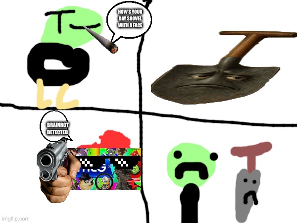 The great meme reset comic pt1 We are detected :( | HOW’S YOUR DAY SHOVEL WITH A FACE; BRAINROT DETECTED | image tagged in italian brainrot,the great meme reset,comics | made w/ Imgflip meme maker
