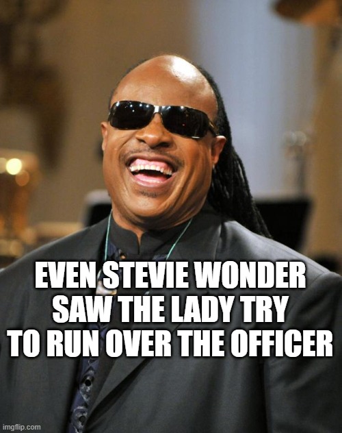 Stevie Wonder | EVEN STEVIE WONDER SAW THE LADY TRY TO RUN OVER THE OFFICER | image tagged in stevie wonder | made w/ Imgflip meme maker