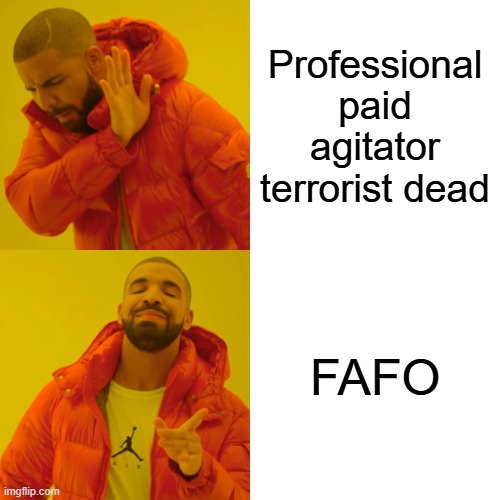 DEM party employee, so sad. | Professional paid agitator terrorist dead; FAFO | image tagged in memes,drake hotline bling | made w/ Imgflip meme maker