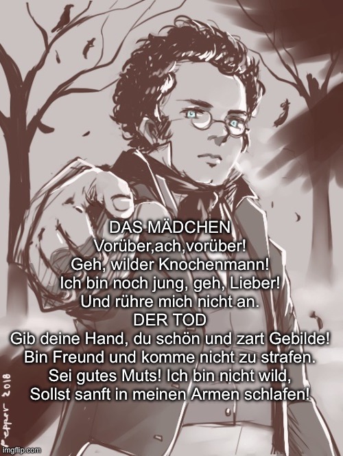 Schubert | DAS MÄDCHEN
Vorüber,ach,vorüber!
Geh, wilder Knochenmann!
Ich bin noch jung, geh, Lieber!
Und rühre mich nicht an.

DER TOD
Gib deine Hand, du schön und zart Gebilde!
Bin Freund und komme nicht zu strafen.
Sei gutes Muts! Ich bin nicht wild,
Sollst sanft in meinen Armen schlafen! | image tagged in schubert | made w/ Imgflip meme maker