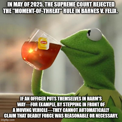 Bee Tea Dubs | IN MAY OF 2025, THE SUPREME COURT REJECTED THE "MOMENT-OF-THREAT" RULE IN BARNES V. FELIX. IF AN OFFICER PUTS THEMSELVES IN HARM'S WAY—FOR EXAMPLE, BY STEPPING IN FRONT OF A MOVING VEHICLE—THEY CANNOT AUTOMATICALLY CLAIM THAT DEADLY FORCE WAS REASONABLE OR NECESSARY. | image tagged in memes,but that's none of my business,kermit the frog | made w/ Imgflip meme maker