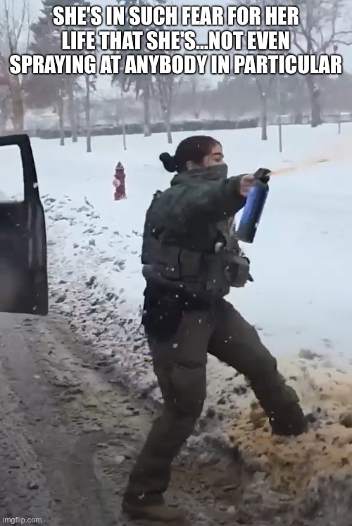 SHE'S IN SUCH FEAR FOR HER LIFE THAT SHE'S...NOT EVEN SPRAYING AT ANYBODY IN PARTICULAR | made w/ Imgflip meme maker