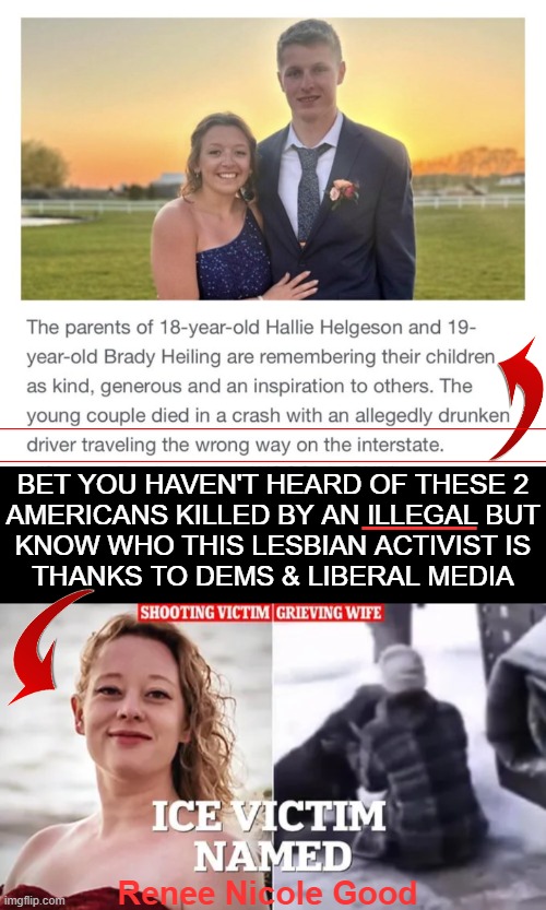 Americans LAST | BET YOU HAVEN'T HEARD OF THESE 2
AMERICANS KILLED BY AN ILLEGAL BUT
KNOW WHO THIS LESBIAN ACTIVIST IS
THANKS TO DEMS & LIBERAL MEDIA; _______; Renee Nicole Good | image tagged in malicious media,devious democrats,agenda,illegal aliens,ice,propaganda | made w/ Imgflip meme maker