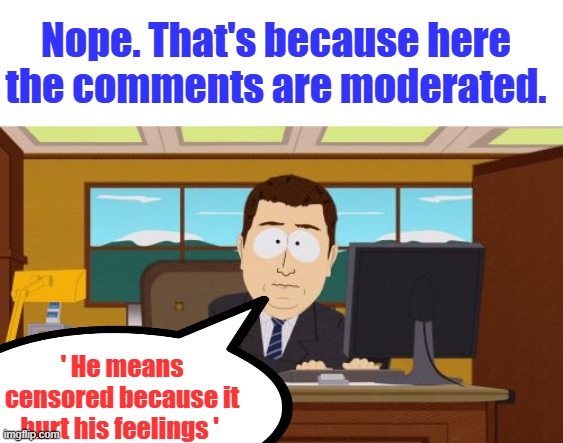whistlelock  replied to your comment | Nope. That's because here the comments are moderated. ' He means censored because it hurt his feelings ' | image tagged in memes,aaaaand its gone | made w/ Imgflip meme maker