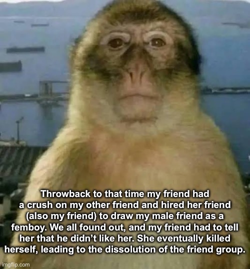 Throwback to that time my friend had a crush on my other friend and hired her friend (also my friend) to draw my male friend as a femboy. We all found out, and my friend had to tell her that he didn’t like her. She eventually killed herself, leading to the dissolution of the friend group. | made w/ Imgflip meme maker