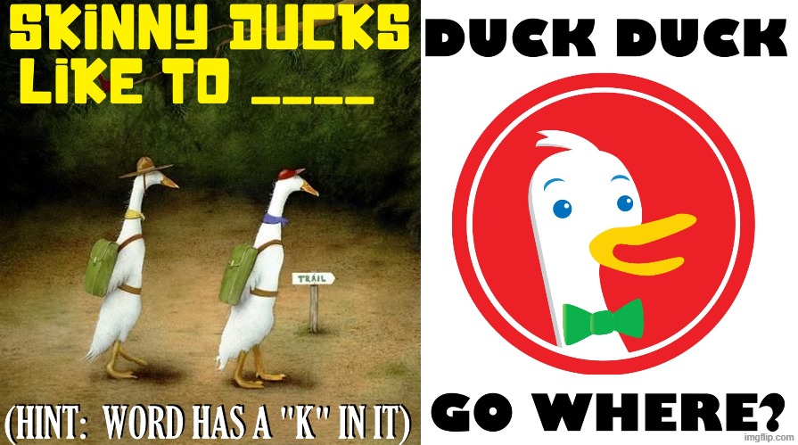 Solve the Riddle | image tagged in vince vance,ducks,hiking,trail,backpack,duck duck go | made w/ Imgflip meme maker