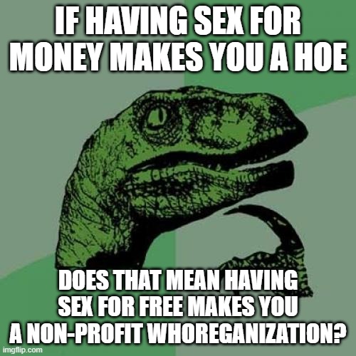 Sex for Free | IF HAVING SEX FOR MONEY MAKES YOU A HOE; DOES THAT MEAN HAVING SEX FOR FREE MAKES YOU A NON-PROFIT WHOREGANIZATION? | image tagged in memes,philosoraptor | made w/ Imgflip meme maker