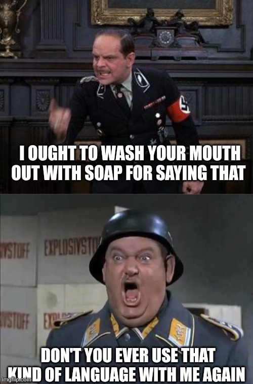 I OUGHT TO WASH YOUR MOUTH OUT WITH SOAP FOR SAYING THAT DON'T YOU EVER USE THAT KIND OF LANGUAGE WITH ME AGAIN | image tagged in hochsetter,schultz from hogan's heroes | made w/ Imgflip meme maker