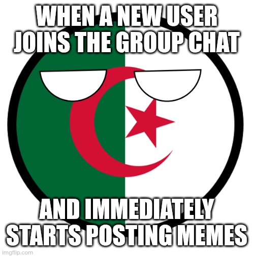 Algeria | WHEN A NEW USER JOINS THE GROUP CHAT; AND IMMEDIATELY STARTS POSTING MEMES | image tagged in algeria | made w/ Imgflip meme maker