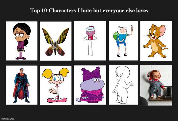 Top 10 Characters I Hate But Everyone Else Loves | image tagged in top 10 characters i hate but everyone else likes,top 10 characters i hate but everyone else loves,characters,hate,character | made w/ Imgflip meme maker