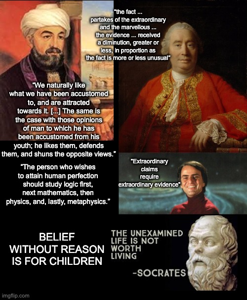 "the fact ... partakes of the extraordinary and the marvellous ... the evidence ... received a diminution, greater or less, in proportion as | image tagged in blank black,carl sagan | made w/ Imgflip meme maker