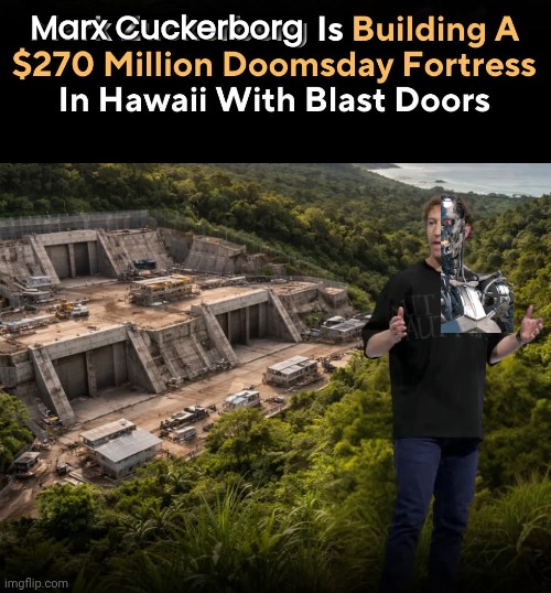 Marx Cuckerborg has an Apocalypse Shelter | Marx Cuckerborg | image tagged in cyborg,mark zuckerberg,shelter | made w/ Imgflip meme maker