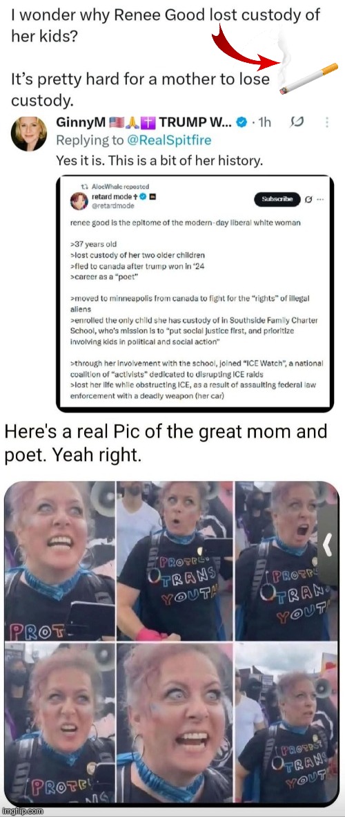 Why did Radical Renee Good lose custody of her kids? | image tagged in renee good crackpot,child abuse,cigarette,burns | made w/ Imgflip meme maker