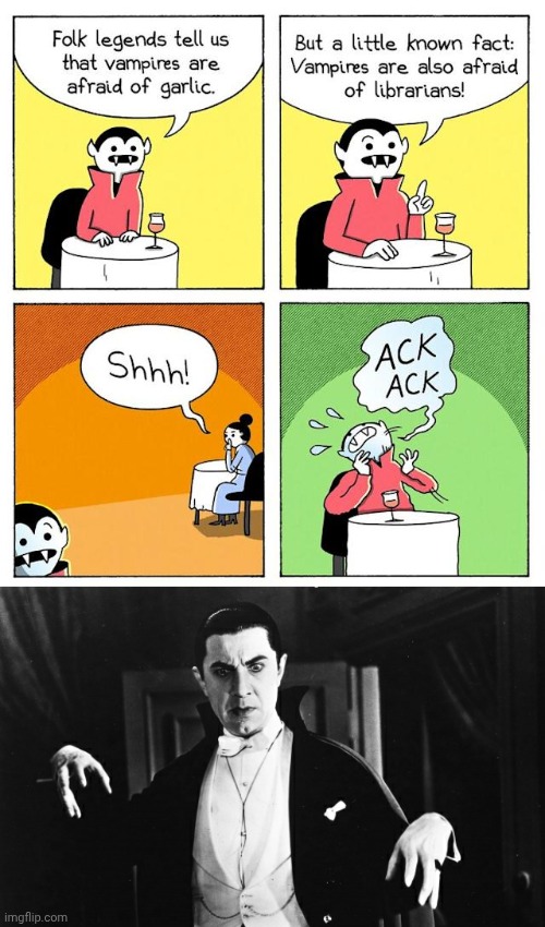 LIBRARIAN | image tagged in dracula vampire scared,vampire,comic,garlic,comics/cartoons,memes | made w/ Imgflip meme maker